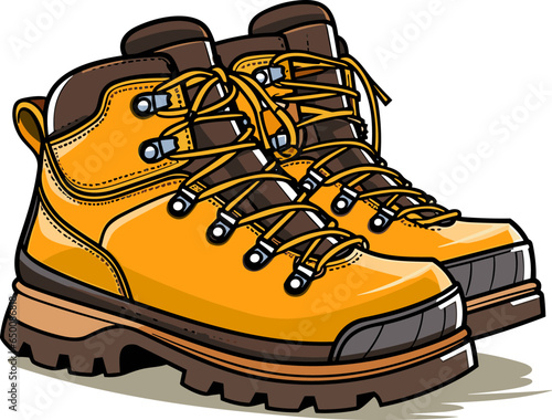 Modern hiking or tracking boots with flat sole and laces. Colored vector, trendy trecking shoes isolated on white background