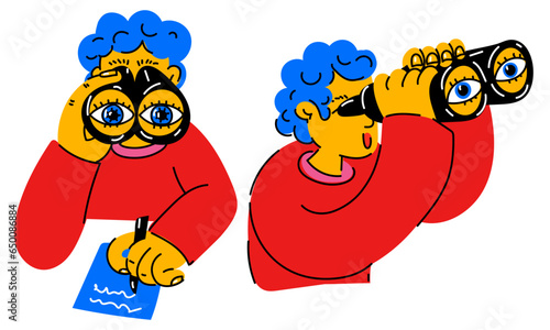 Men with binoculars in search. Surveillance and recording . A man or a student looks through binoculars and looks for something. A people search agency, vacancies, a private detective. Teamwork search
