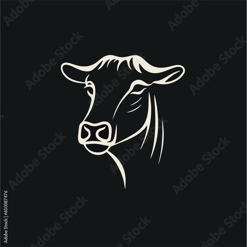 Cow head animal logo line art illustration design, on a black background