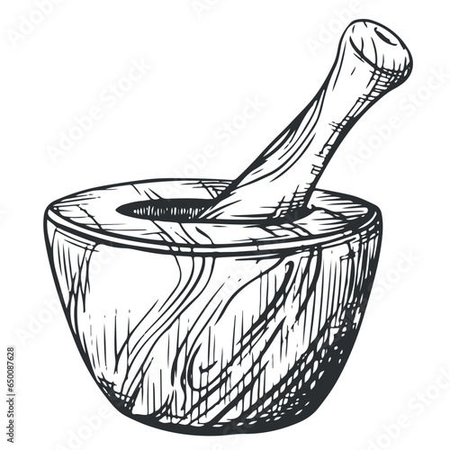 Wooden mortar for grinding herbs on a white background. Hand drawn vector sketch. Drawing in the technique of engraving. Antique kitchen utensils, rustic style. Provence crockery.