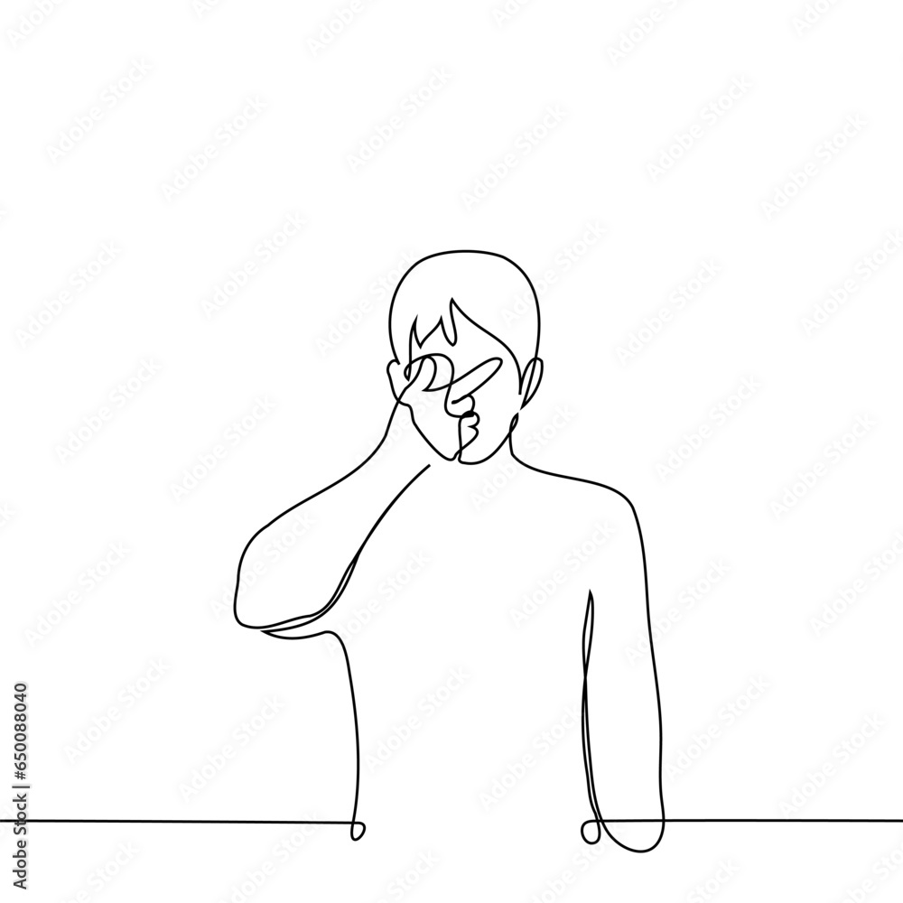 man put his finger to his eyes - one line art vector. concept rubbing or scratching eyes, eye fatigue