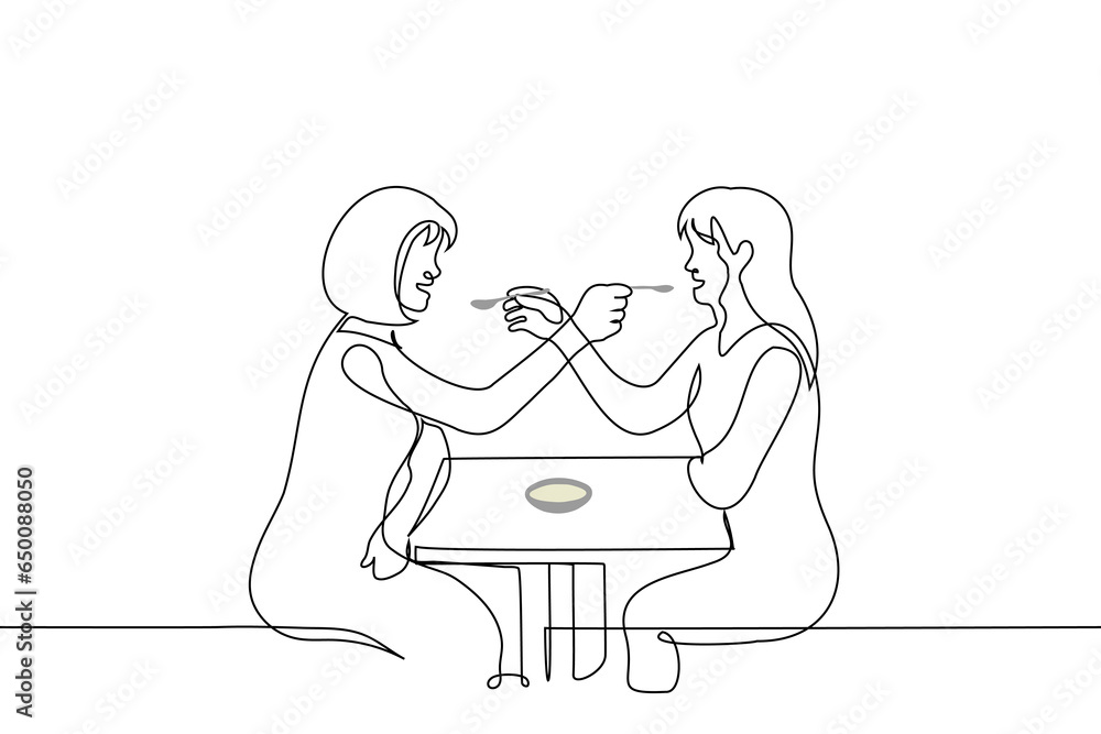 women spoon feeding each other - one line art vector. concept lovers lesbians in a cafe or restaurant, metaphor for sharing food, symbiosis, compromise in relationships women spoon feeding each other - one line art vector. concept lovers lesbians in a cafe or restaurant, metaphor for sharing food, symbiosis, compromise in relationships