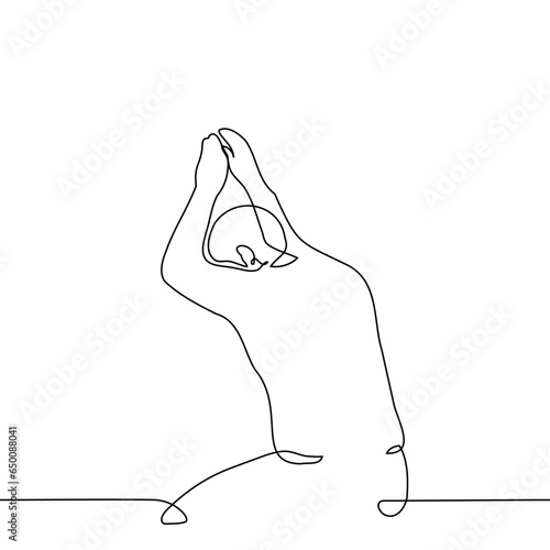 man leaned his forearms and head against the wall while sitting on his knees, he leans on wall - one line art vector. concept male despair, depression, crisis, powerlessness, devastation, fatigue