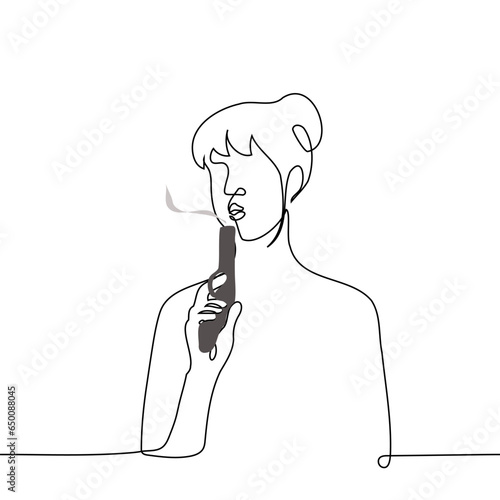 woman blows away the smoke of a gun in her hand - one line art vector. concept female shooter, female killer, metaphor of a heartbreaker or fatal woman