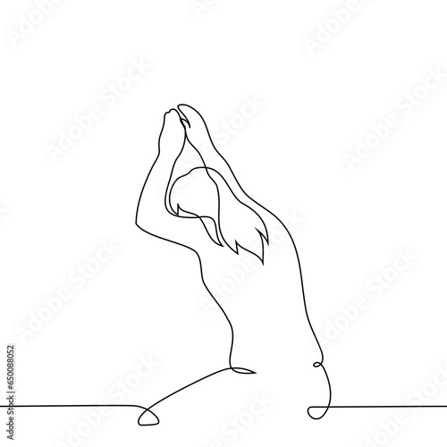 woman leaned her forearms and head against the wall while sitting on her knees, she leans on wall - one line art vector. concept female despair, depression, crisis, powerlessness, devastation, fatigue