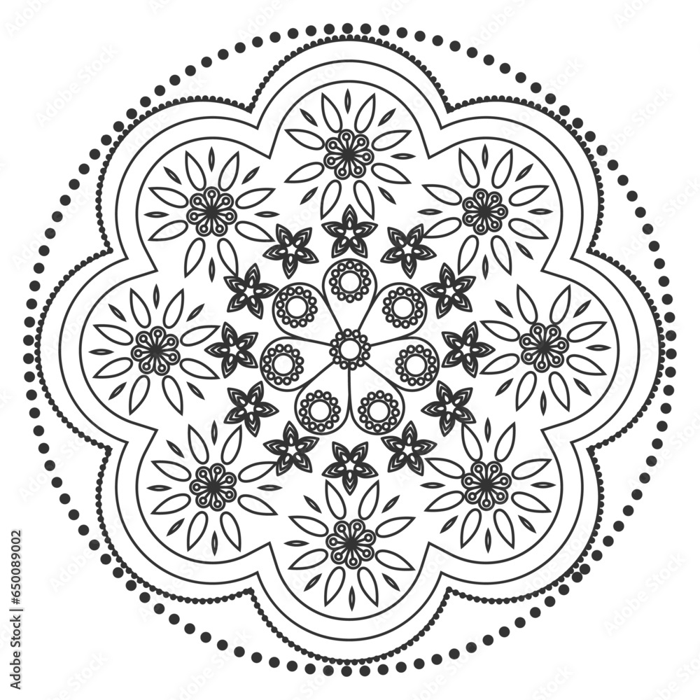 Mandala ornament outline pattern. Indian geometric art graphic. Isolated coloring book.
