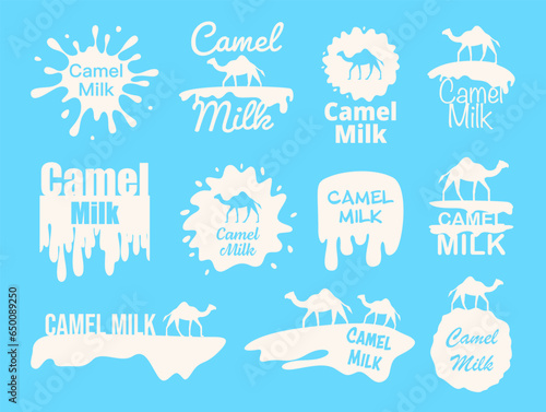 Camel milk white monochrome minimal label package set vector flat illustration