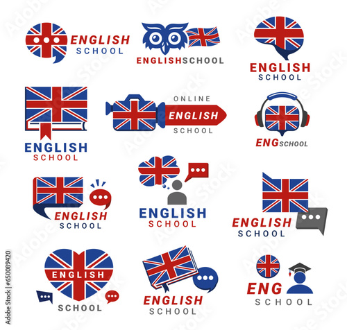 English language school logo set British flag decorative design isometric vector illustration
