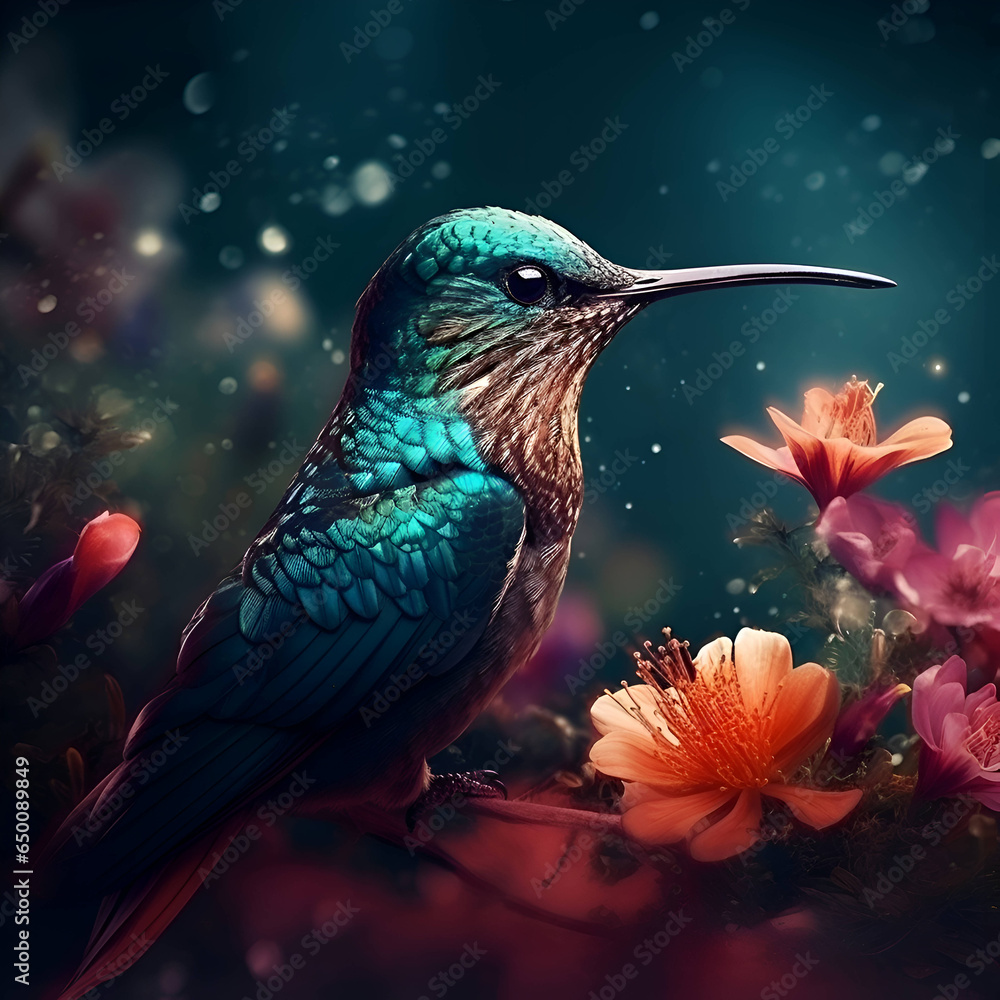 Fototapeta premium Hummingbird with flowers on a dark background. Collage.