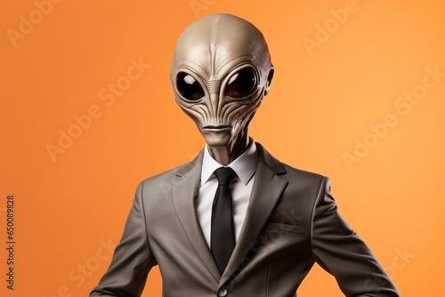 A Dapper Alien in a Business Suit, Standing Tall Against a Vibrant Orange Background, Portraying an Otherworldly Interpretation of Cosmic Entrepreneurship and Intergalactic Style © Andrii Fanta
