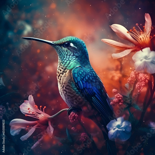 Hummingbird sitting on a branch with flowers. Collage.