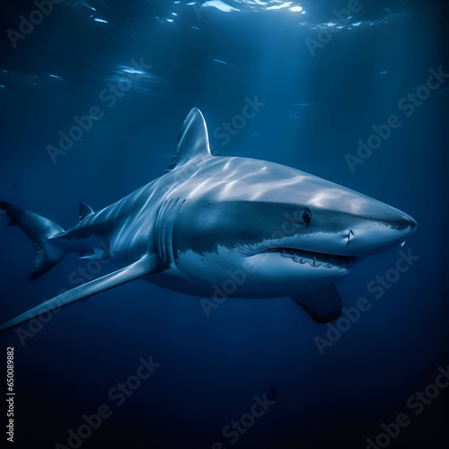 Great White Shark  Carcharodon carcharias  in blue water. Generative AI