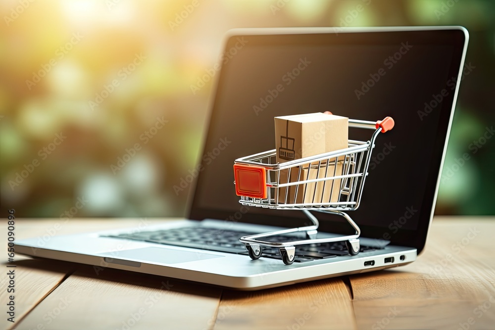 Laptop and parcel boxes in cart model on wooden table. Convenience of online retail. E commerce revolution. Shopping in digital. Effortless delivery. Bringing store to screen