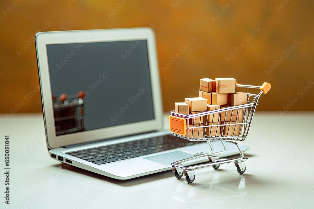 Laptop and parcel boxes in cart model on wooden table. Convenience of online retail. E commerce revolution. Shopping in digital. Effortless delivery. Bringing store to screen