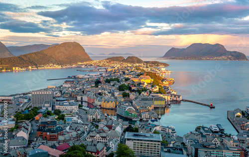 Alesund panorama at the crack of dawn. Alesund is a town in Møre og Romsdal County, Norway. Photo taken from Aksla viewpoint. photo