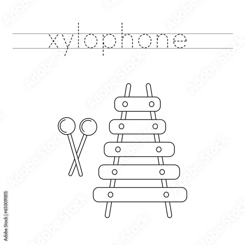 Trace the letters and color cartoon xylophone. Handwriting practice for kids.