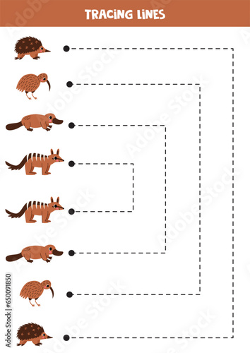 Tracing lines for kids. Australian animals. Handwriting practice.