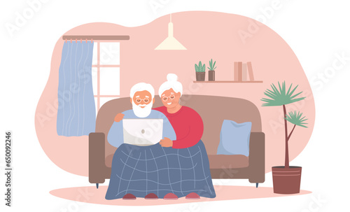 An elderly couple at home sits on the sofa under a blanket using a laptop. Grandparents together. Vector flat graphics.