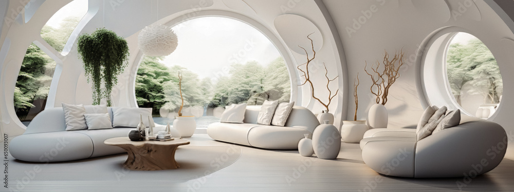 Minimalist Elegance in All-White modern interior design, organic living room in pristine all-white, adorned with minimalist furnishings. - Generative AI