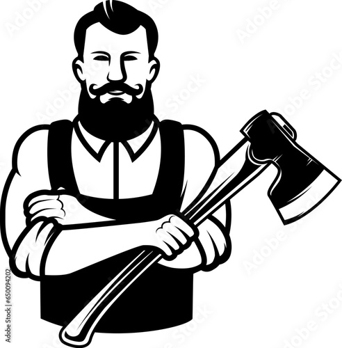 Illustration of lumberjack with axe. Design element for emblem, sign, badge. Vector illustration