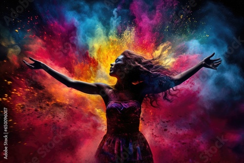 Beautiful young woman dancing in colorful powder cloud on black background, Colorful explosion of color powder with a silhouette of a dancing woman, AI Generated