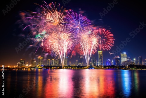 beautiful firework show for celebration happy new year and merry christmas, Colorful fireworks of various colors over the Chao Phraya River, Bangkok, Thailand, AI Generated
