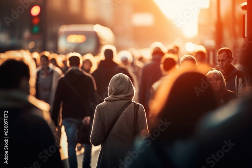 Crowd of people walking in the street with soft bokeh, fast moving in city.