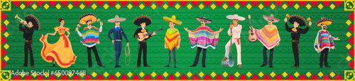 Mexican characters, mariachi musicians, charro cowboy, dancing woman and jimador, cartoon vector banner. Mexican holiday fiesta people in traditional Latin sombrero and poncho with guitars and maracas