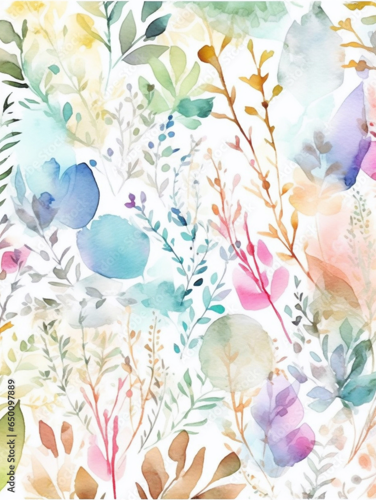 Watercolor style colorful gradient leaves and floral branches on white background. Created with Generative AI technology.