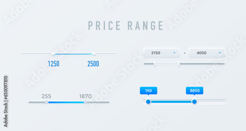 Price range sliders and filters interface elements. UI scrollbars and graphs for website page filter menu design. Vector modern horizontal scroll bars with sliders and color indicators of price values