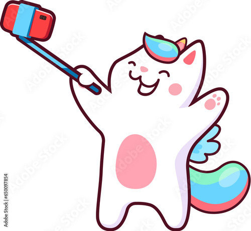 Cartoon kawaii caticorn cat and kitten unicorn making selfie photo on mobile phone, vector pet character. Kids cute caticorn kitty happy smiling with photo selfie stick, funny cat unicorn kawaii emoji