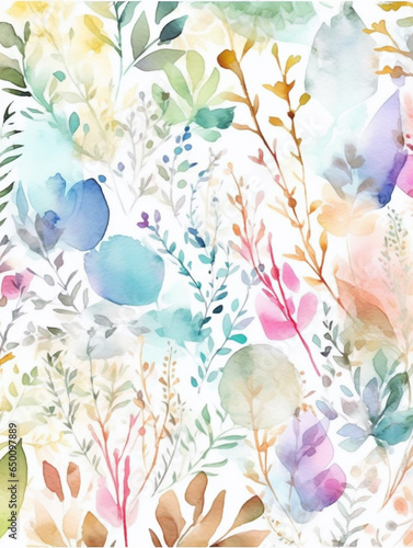 Watercolor style colorful gradient leaves and floral branches on white background. Created with Generative AI technology. © MITstudio
