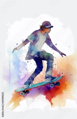 Watercolor style boy skateboarding on colorful paint splash . Created with Generative AI technology