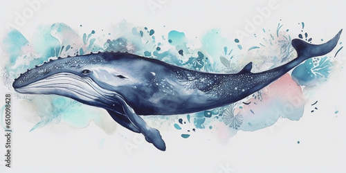 Watercolor style swimming blue whale with paint splash in the back on white background. Created with Generative AI technology © MITstudio
