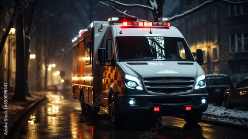 Emergency ambulance at night.