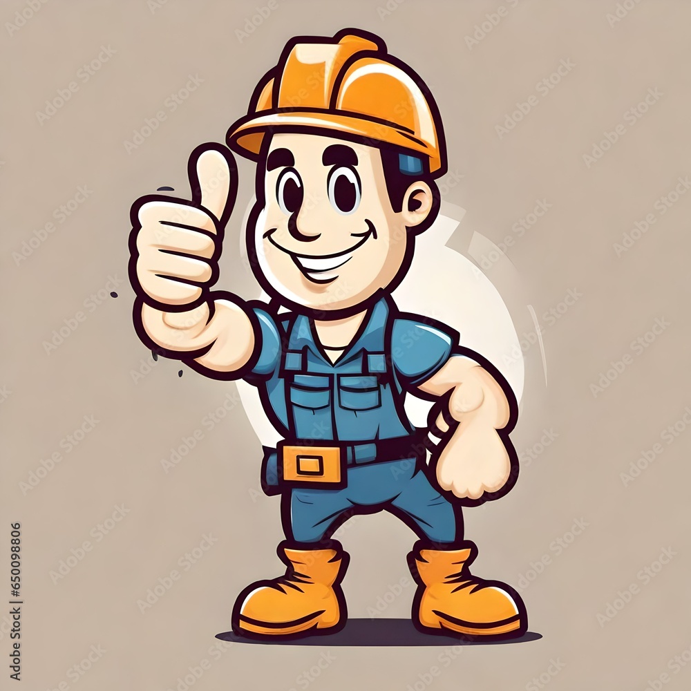 A cute happy cartoon illustration of a male construction worker builder mascot doing a thumbs-up hand gesture.