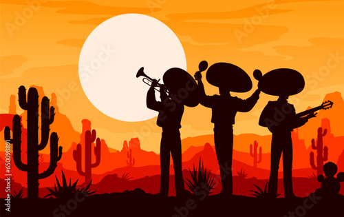 Mexican mariachi musician and cowboy silhouettes on sunset at desert in Mexico, vector background. Mexican music band men in sombreros with guitar, maracas and trumpet on evening sunset stage scene