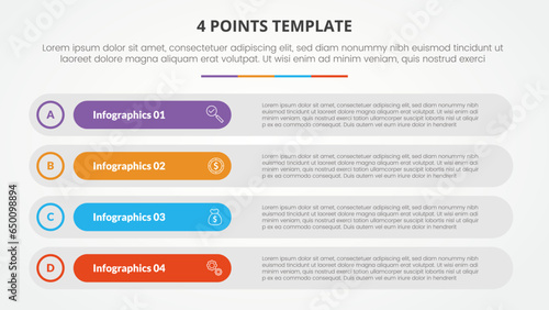 4 points stage template infographic concept for slide presentation with long round rectangle box stack 4 point list with flat style