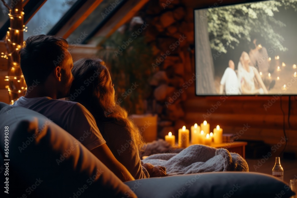 a couple sitting in front of a huge flat screen television in the living-room with fairy lights in the evening watching a movie, chilling, relaxing and spending leisure time together a couple sitting in front of a huge flat screen television in the living-room with fairy lights in the evening watching a movie, chilling, relaxing and spending leisure time together