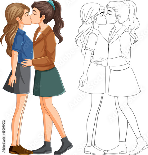 Lesbian couple kissing cartoon isolated