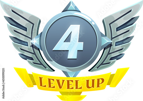 Game interface level up metal badge, steel win icon with wings, vector GUI trophy icon. 4 level up badge with ribbon and wings, video game arcade next level achievement or gamer rank metal emblem
