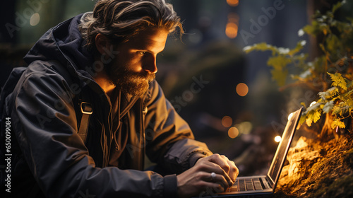 Man working with laptop in a forest. © andranik123