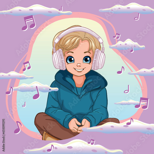 Boy holding pet sitting on the floor listening to music with headset