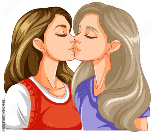 Lesbian couple kissing cartoon isolated