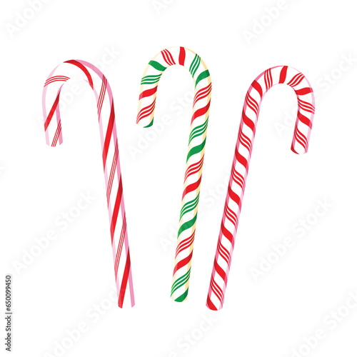 Christmas candy cane icon set isolated on a white background vector illustration. Christmas confectionery with red and green stripes icons vector. Hard peppermint stick candy drawing