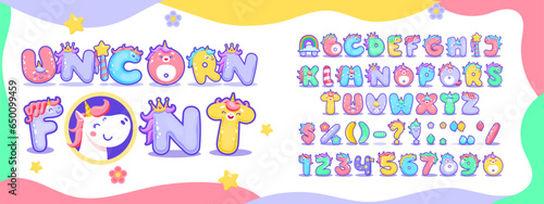 Cartoon unicorn font, magic type, fairy horse typeface, funny animals english alphabet vector typography. Unicorn letters and numbers abc font with princess crowns, rainbows, gold stars and flowers