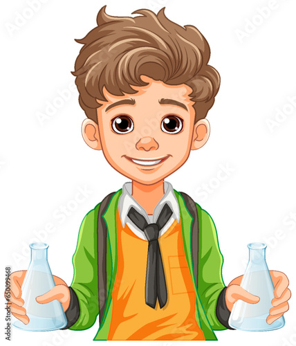 Male student cartoon holding conical flask on science class experiment