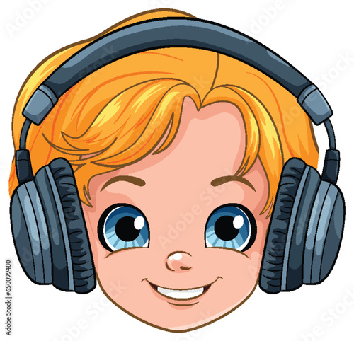 Boy head with headset listening to music