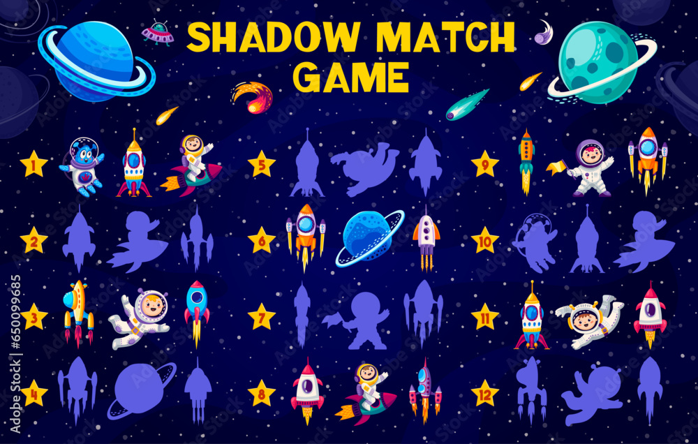 Fototapeta premium Shadow match game worksheet. Cartoon space planets, spaceship, alien and astronaut characters. Shadow match riddle vector page with kid and alien astronaut funny personages, rocket starship and planet