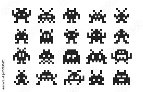 Arcade game pixel monsters characters. Retro video game vector silhouettes of aliens, space invaders, robots, zombies and viruses personages. 8 bit pixel art monsters with antennas and tentacles photo